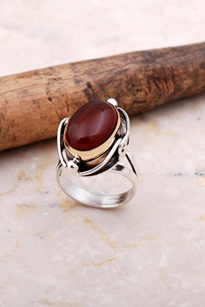 Sümer Telkari Elişi Akik Taşlı Gümüş Yüzük 3720