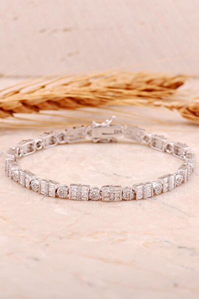 Sümer Telkari Baget Pırlanta Montürlü Rodyumlu Gümüş Bileklik 4461