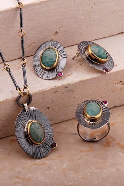 Sümer Telkari Amazonit Taşlı Çekiç Dövme Elişi Tasarım Gümüş Set 2783