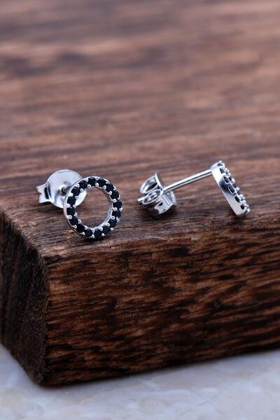 Sümer Telkari Halka Tamtur Siyah Taşlı Rodyumlu Gümüş Küpe 6027