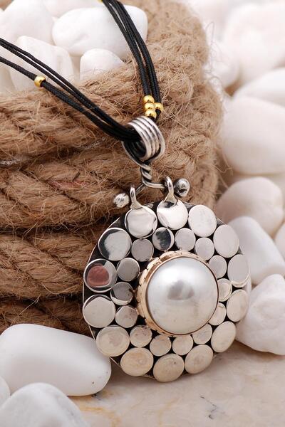 Sümer Telkari İncili Pullu Elişi Gümüş Kolye 7430