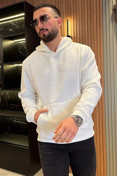 MİSHAR İTALİA Κρεμ ανδρικό φούτερ με κουκούλα καγκουρό τσέπης φλις