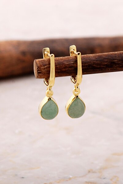 Sümer Telkari Doğal Prenhit Taşlı Damla Mini Altın Yaldızlı Gümüş Küpe 5853