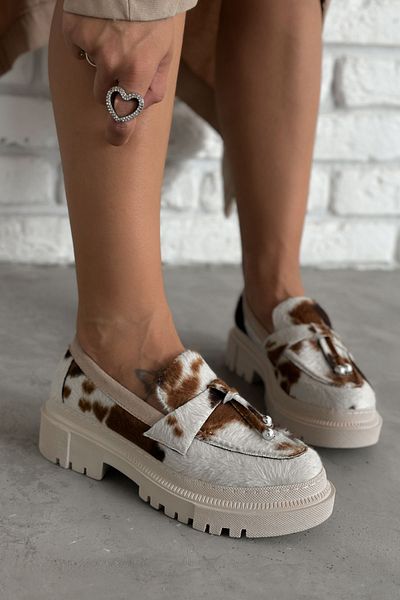 Shoebutik Млечнокафяв бежов кариран дамски мокасини Оксфорд