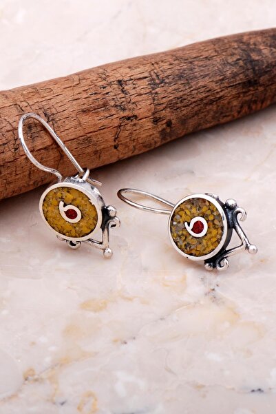 Sümer Telkari Antik Mozaik Işlemeli Sarı Kuvars Taşlı Gümüş Küpe 6065