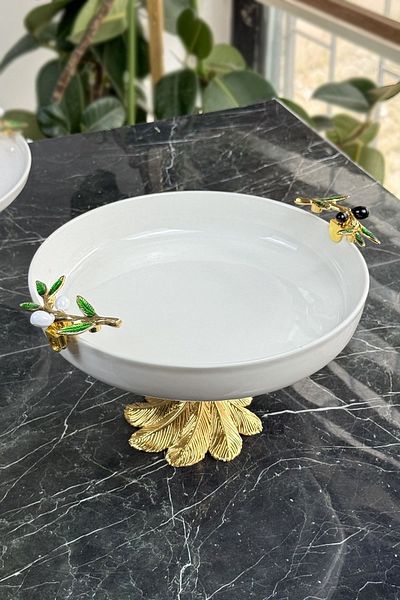 MAY HOME وعاء تقديم ذهبي ذو قدم زيتونية - سلسلة زيتونية