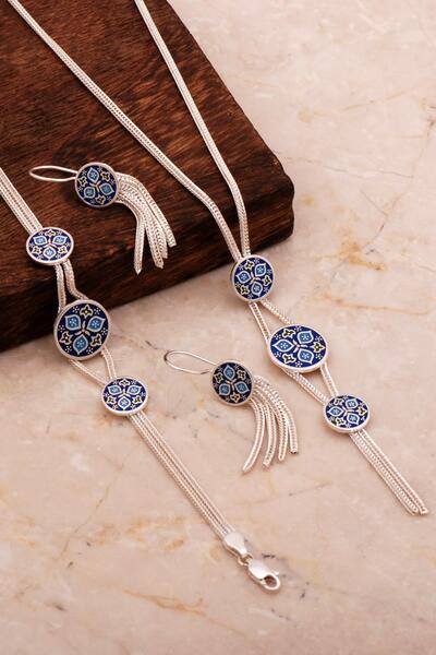 Sümer Telkari Anadolu Motifli Mineli Hasır Elişi Tasarım Gümüş Set 2679