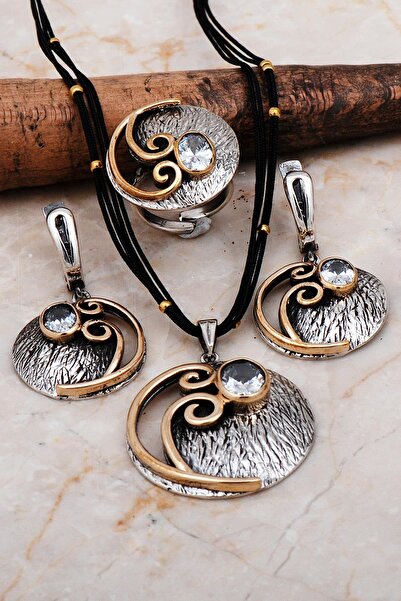 Sümer Telkari Kuvars Taşlı Çekiç Dövme Elişi Gümüş Set 2233