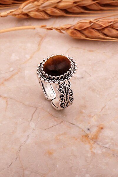 Sümer Telkari Kaplan Gözü Taşlı Telkari Elişi Oval Gümüş Yüzük 3757