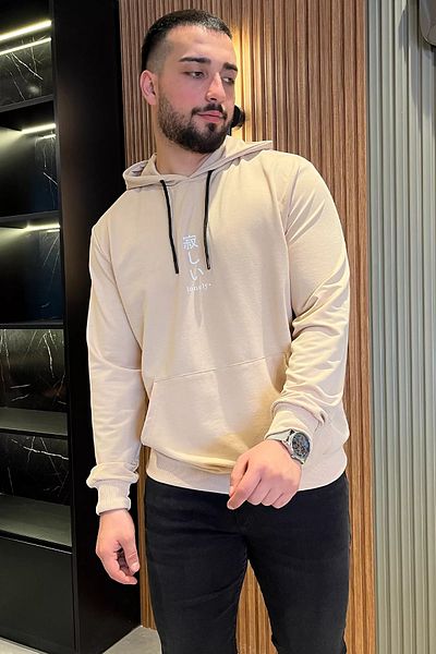 MİSHAR İTALİA Μπεζ ανδρικό φούτερ με κουκούλα με στάμπα καγκουρό