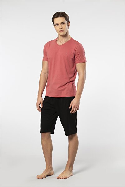 Cacharel 2193 Чоловічий піжамний комплект з коротким рукавом, V-подібним коміром і шортами - кораловий