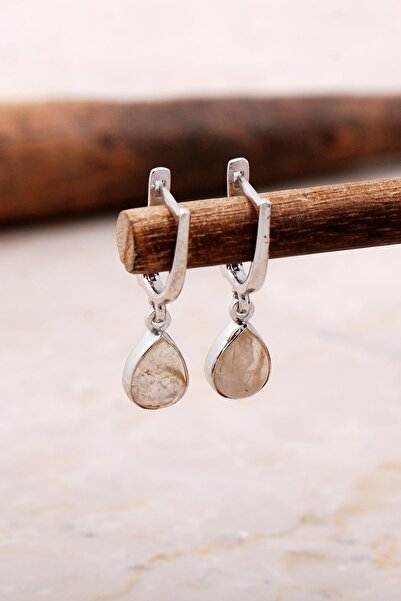 Sümer Telkari Doğal Sarı Rutil Kuvars Taşlı Damla Mini Rodyumlu Gümüş Küpe 5858