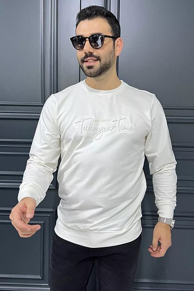 MİSHAR İTALİA Λευκό ανδρικό φούτερ με ανάγλυφο γράμμα με λαιμόκοψη