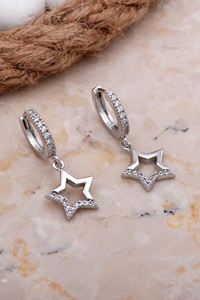 Sümer Telkari Yıldız Rodyumlu Gümüş Sallantılı Halka Küpe 5899