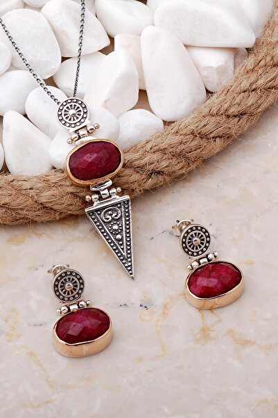 Sümer Telkari Kök Yakut Antik Tasarım Elişi Gümüş Set 2099