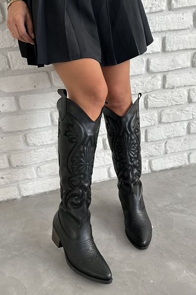 Shoebutik Vegas Μαύρα Δερμάτινα Κεντήματα Ανάγλυφα Γυναικείες Μπότες Cowboy