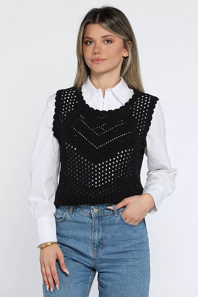 GÜLSELİ Black Women's Crew Neck Openwork Embossed Pattern Knitwear Sweater