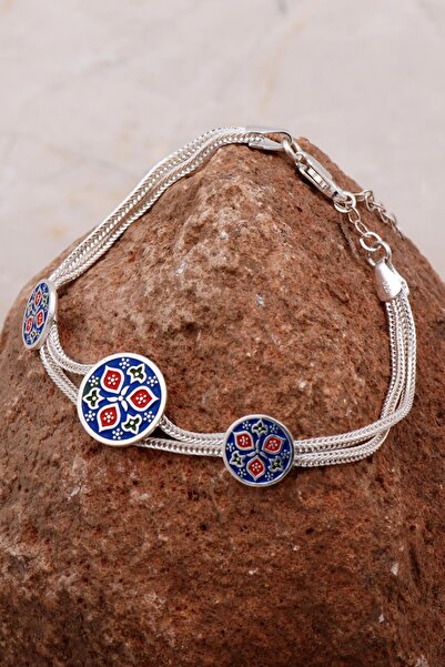 Sümer Telkari Anadolu Motifli Mineli Elişi Hasır Gümüş Bileklik 4291