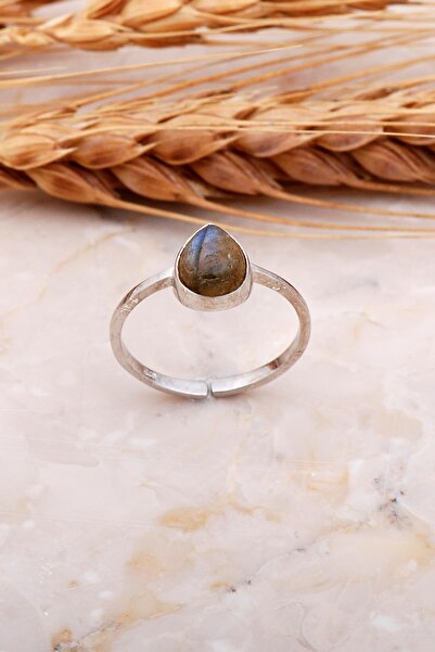 Sümer Telkari Labradorit Taşlı Damla Rodyumlu Gümüş Yüzük 3676