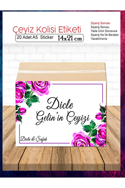 DicleXStore Çiçek Tasarımlı 3 Çeyiz Bohça Bavul Koli Etiketi Gelin 20 Adet Baskılı Etiket Sticker