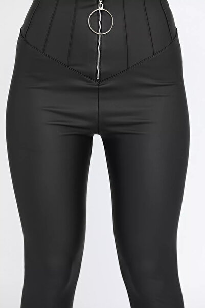 GÜLSELİ Black Women's High Waist Raster Zipper Detailed Faux Leather Leggings