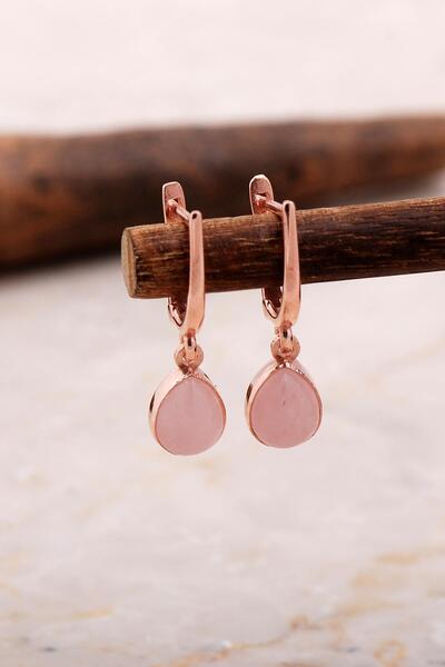 Sümer Telkari Doğal Pembe Kuvars Taşlı Damla Mini Rose Gümüş Küpe 5878