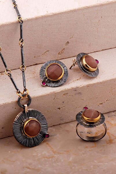 Sümer Telkari Agat Taşlı Çekiç Dövme Elişi Tasarım Gümüş Set 2786