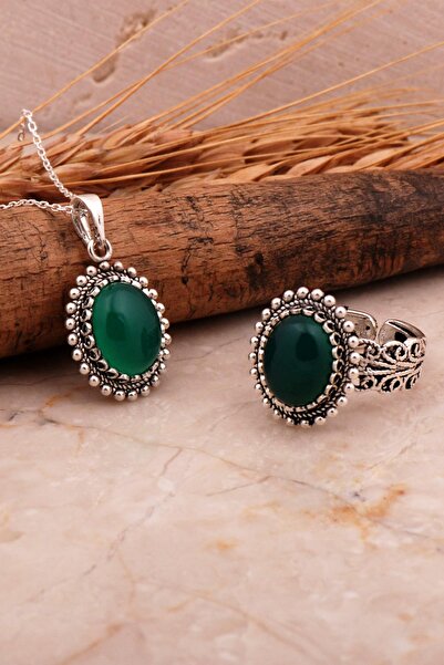 Sümer Telkari Yeşil Akik Taşlı Telkari Elişi Oval Gümüş İkili Set 2757