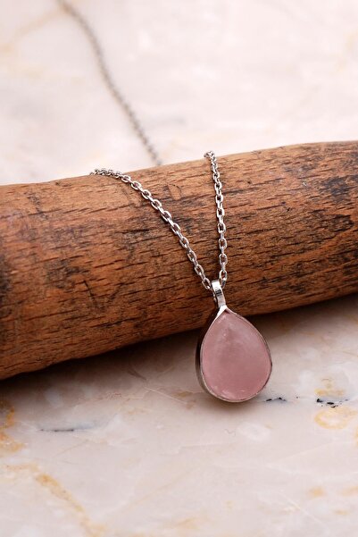 Sümer Telkari Doğal Pembe Kuvars Taşlı Damla Mini Rodyumlu Gümüş Kolye 7751