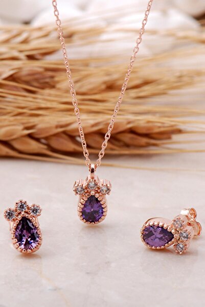Sümer Telkari Ametist Taşlı Damla Rose Gümüş Set 2473