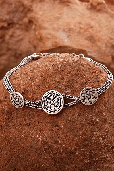 Sümer Telkari Yaşam Çiçeği Elişi Hasır Oksitli Gümüş Bileklik 4436