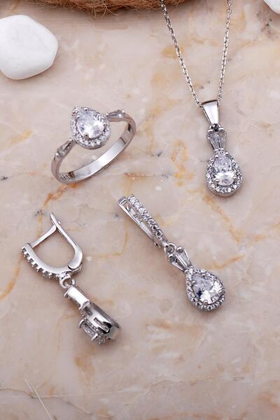 Sümer Telkari Damla Rodyumlu Gümüş Set 2592