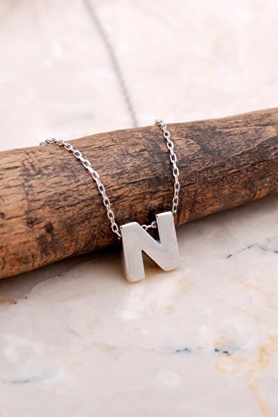 Sümer Telkari N Harfi Rodyumlu Gümüş Kolye 7883