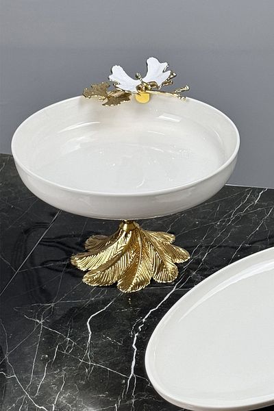 MAY HOME White Butterfly Candle Legged Porcelain Salad Presentation Bowl