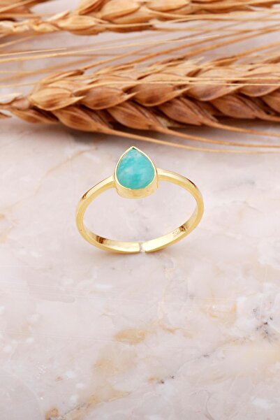 Sümer Telkari Amazonit Taşlı Damla Altın Kaplama Gümüş Yüzük 3669