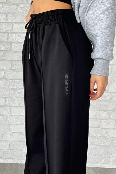 GÜLSELİ Black Women's High Waist Letter Printed Loose Leg Trousers