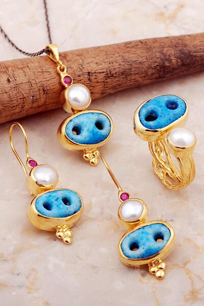 Sümer Telkari Süryani Nazar Boncuğu İnci Taşlı Altın Kaplama Tasarım Gümüş Se...