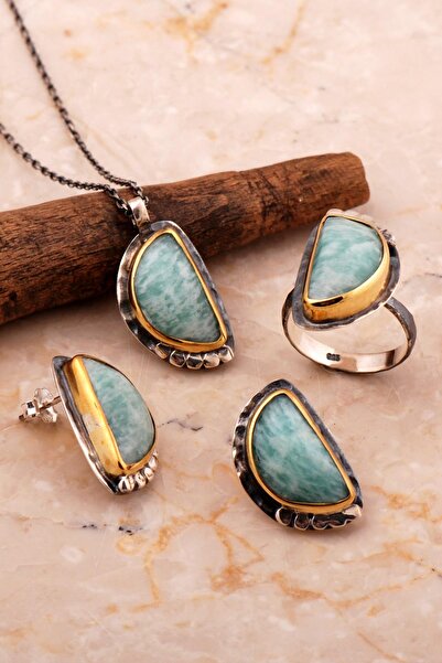 Sümer Telkari Amazonit Taşlı Tasarım Elişi Gümüş Set 2795