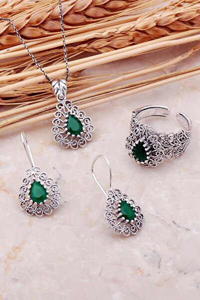 Sümer Telkari Kök Zümrüt Taşlı Telkari Elişi Damla Gümüş Set 2383