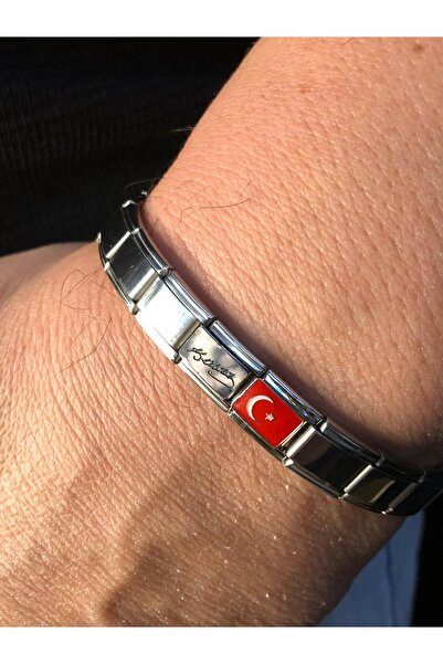 C&On Design Erkek Kadın Çelik Bileklik - Ay Yıldız Türk Bayrağı Atatürk Imzal...