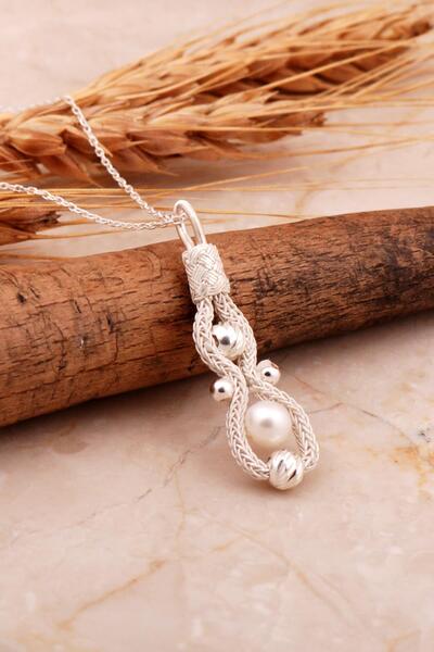 Sümer Telkari İnci Taşlı Kazaziye İşlemeli Dorika Gümüş Kolye 8006