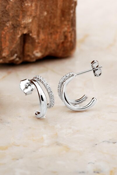 Sümer Telkari Minimal Rodyumlu Gümüş Çift Halka Küpe 6979