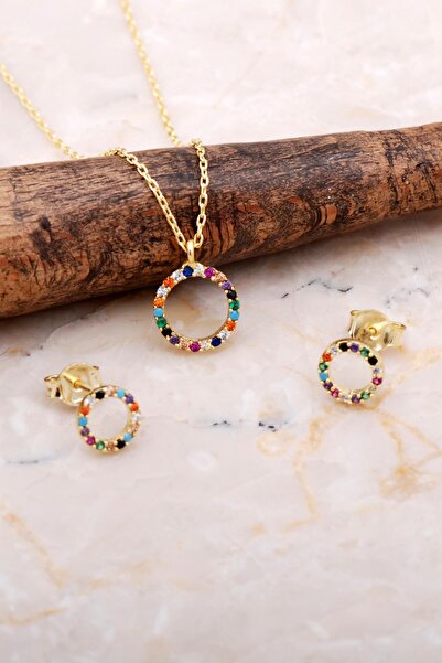 Sümer Telkari Halka Tamtur Mix Taşlı Altın Kapalam Gümüş Kolye Küpe Seti 2613