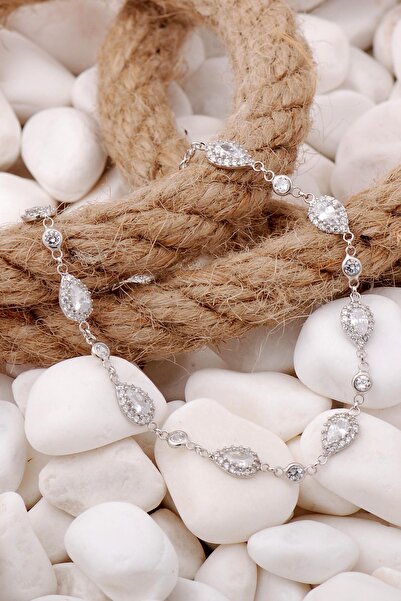 Sümer Telkari Zirkon Damla Montürlü Rodyumlu Gümüş Bileklik 3906