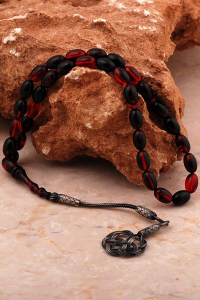 Sümer Telkari Master Work Moire Silver Prayer Beads - Fire Amber, Kazaziye Embroidered 362