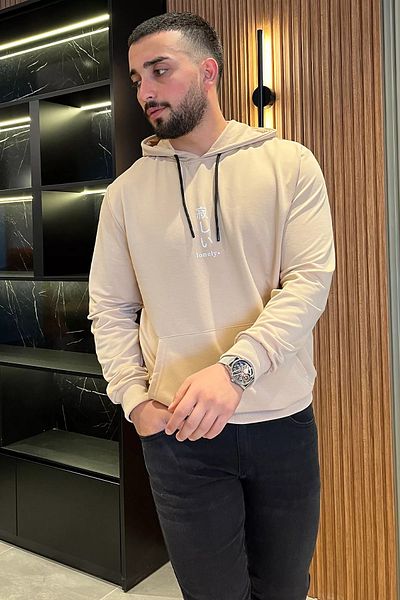 MİSHAR İTALİA Μπεζ ανδρικό φούτερ με κουκούλα με στάμπα καγκουρό