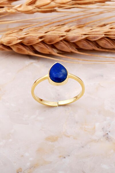 Sümer Telkari Lapis Lazuli Taşlı Damla Altın Yaldızlı Gümüş Yüzük 3674