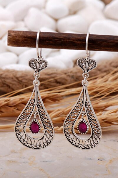 Sümer Telkari Kök Yakut Taşlı Damla Telkari Elişi Gümüş Küpe 5769