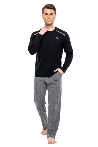 Mod Collection 3913 Men's Black Round Collar Long Sleeve Pajama Set - black
