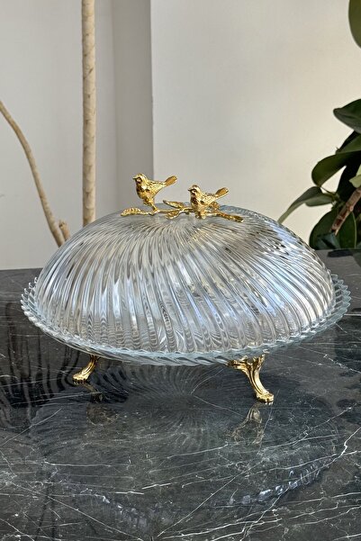 MAY HOME Çift Kuş Model Taban Ayaklı Cam Kapaklı Kek Fanusu Sunum Tabağı